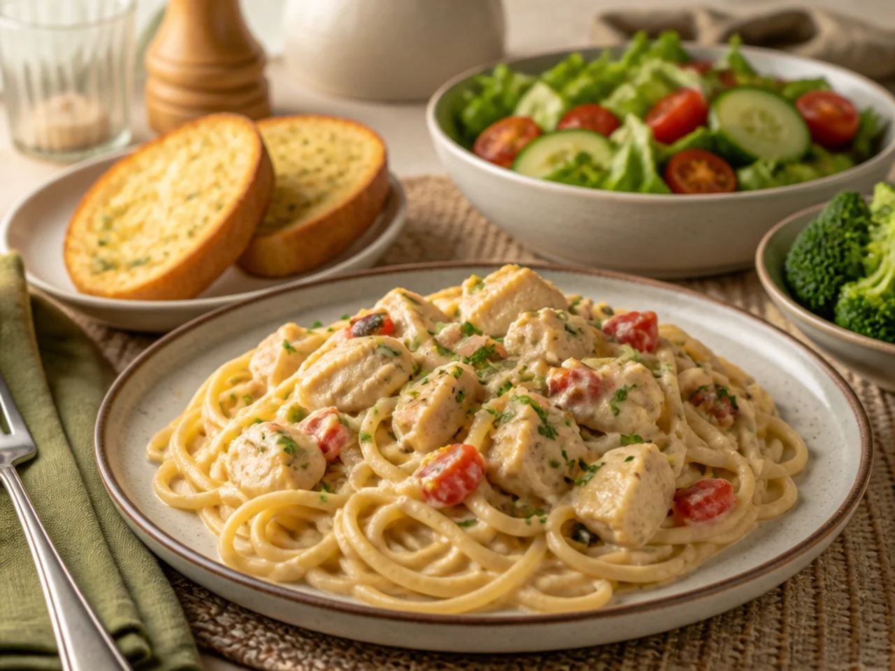 chicken spaghetti served with warm garlic bread, a green salad and steamed broccoli