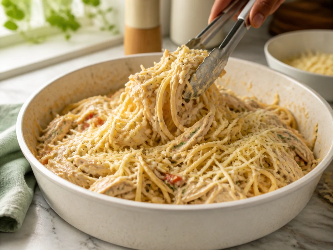 Step-by-step process shot for chicken spaghetti