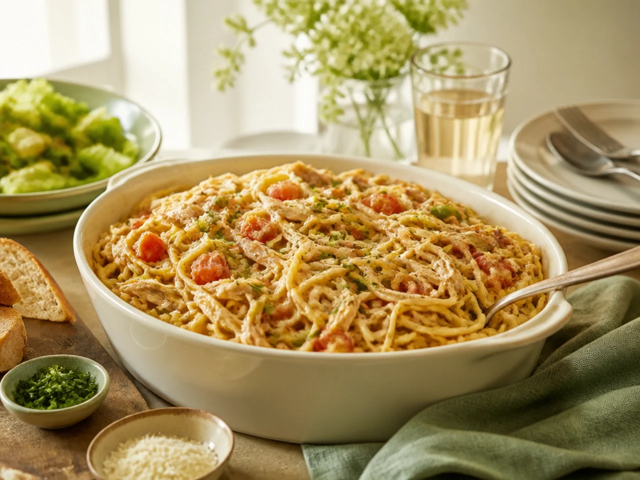 chicken spaghetti served family-style on a cozy table