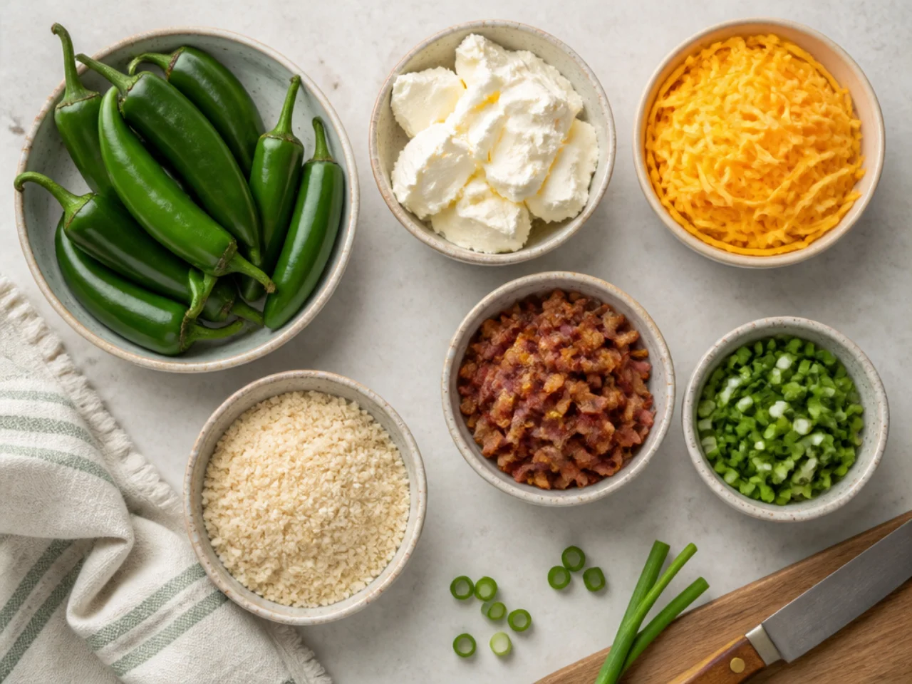 Fresh ingredients for jalapeno poppers arranged in bowls