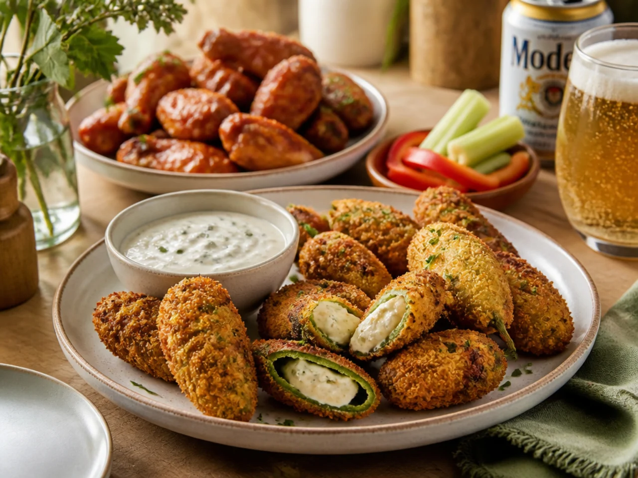 jalapeno poppers served with cool ranch or blue cheese dip, wings and cold drinks