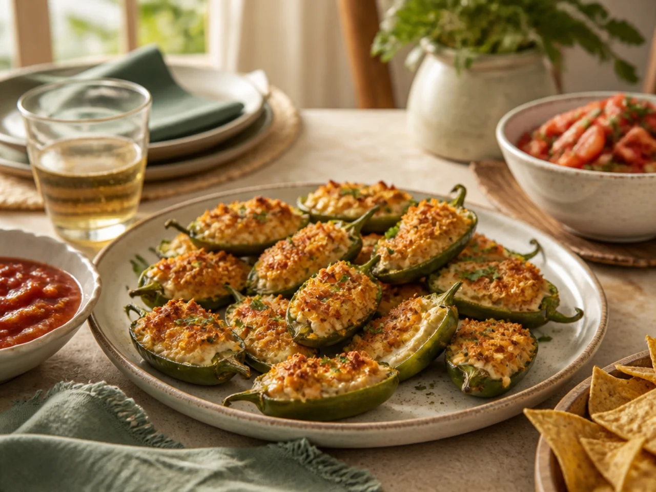 jalapeno poppers served family-style on a cozy table
