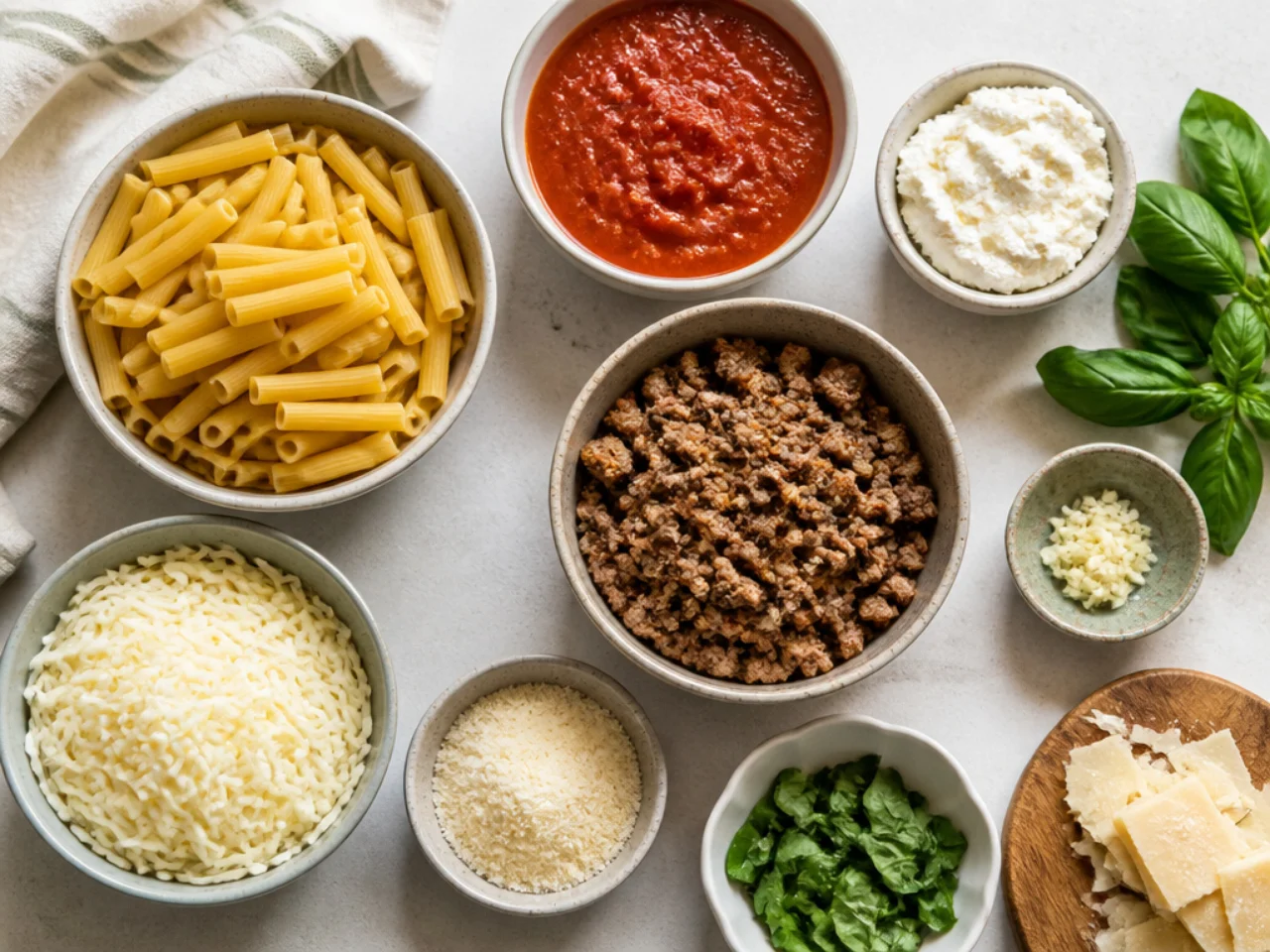 Fresh ingredients for baked ziti arranged in bowls