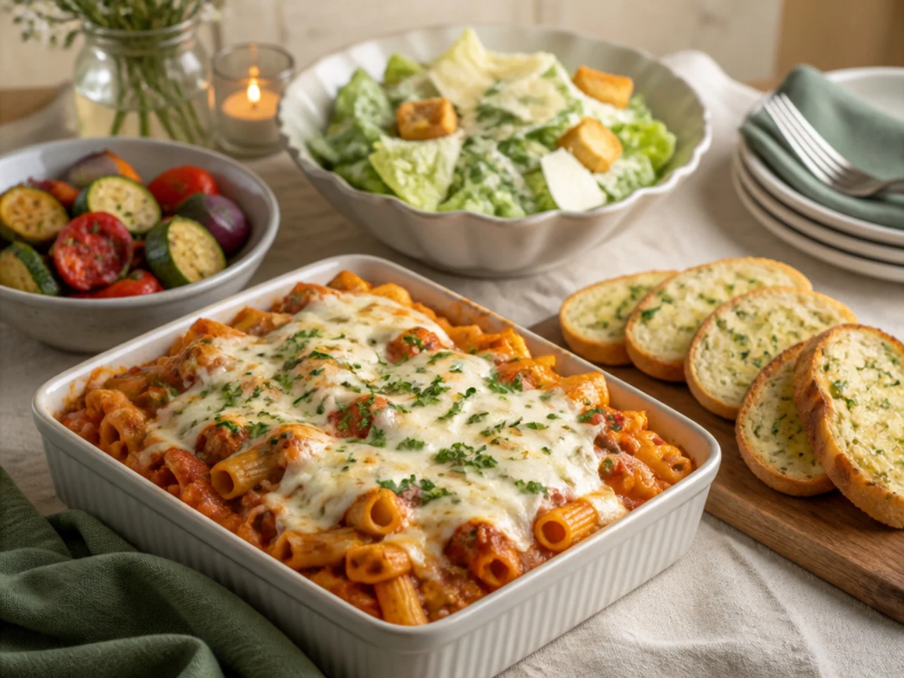 baked ziti served with warm garlic bread, a Caesar salad and roasted vegetables