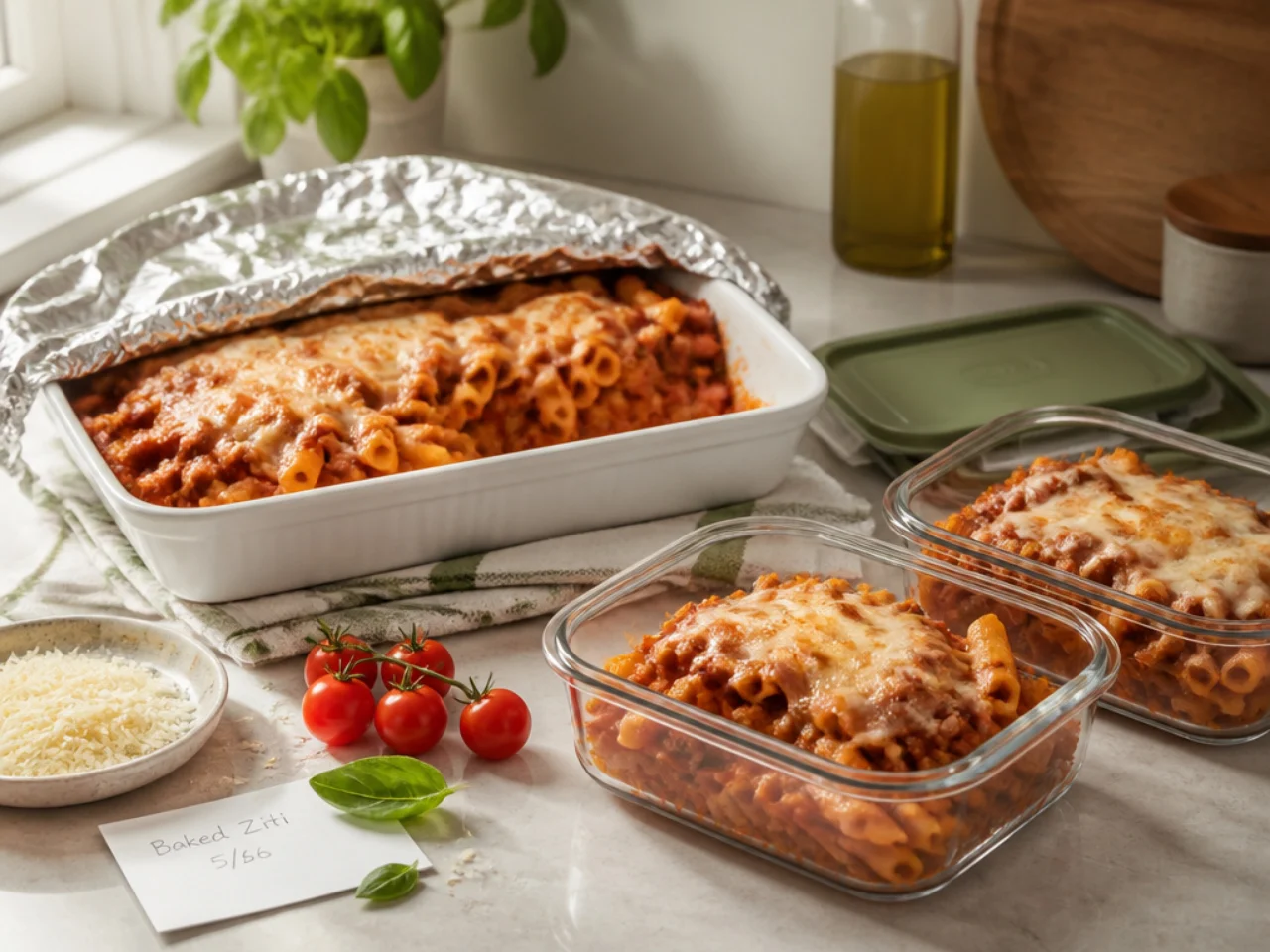 Make-ahead storage of baked ziti in containers