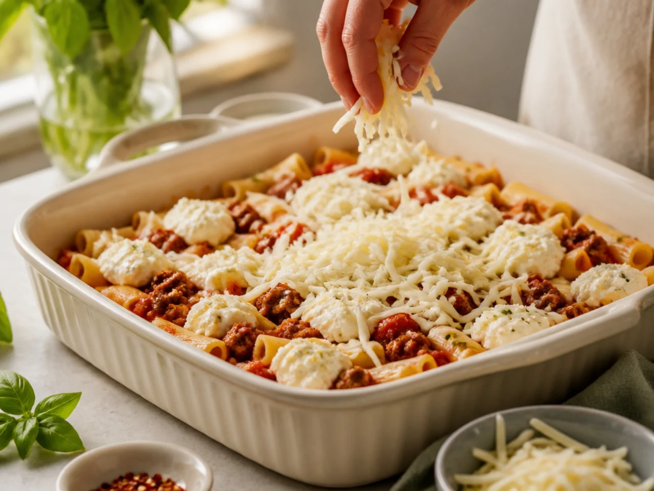 Step-by-step process shot for baked ziti
