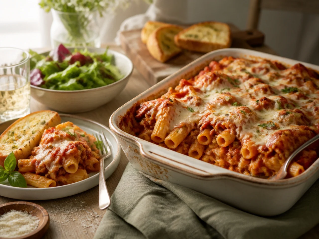 baked ziti served family-style on a cozy table