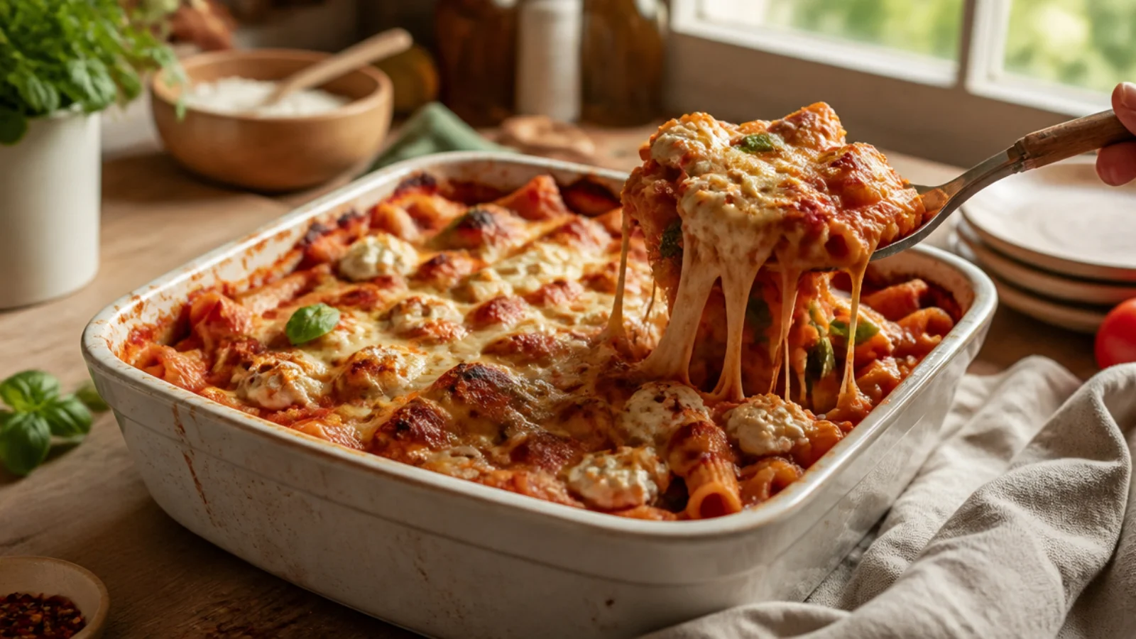 Meatless Baked Ziti Recipes Everyone Loves — baked ziti plated and ready to serve