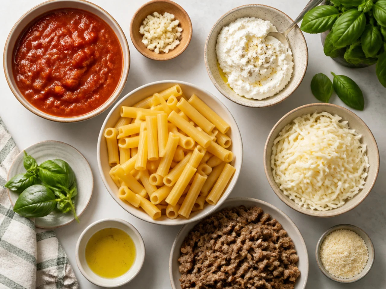 Fresh ingredients for baked ziti arranged in bowls