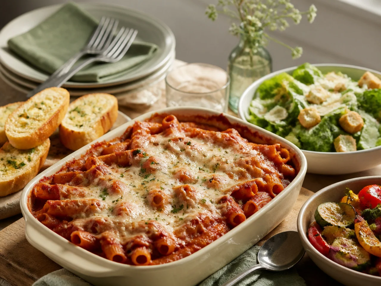baked ziti served with warm garlic bread, a Caesar salad and roasted vegetables