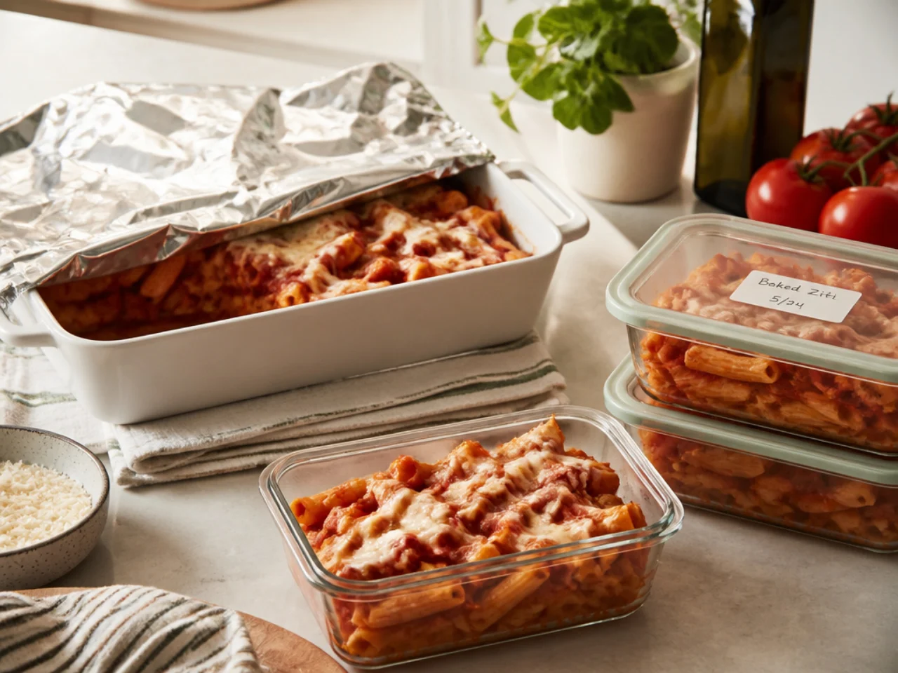 Make-ahead storage of baked ziti in containers