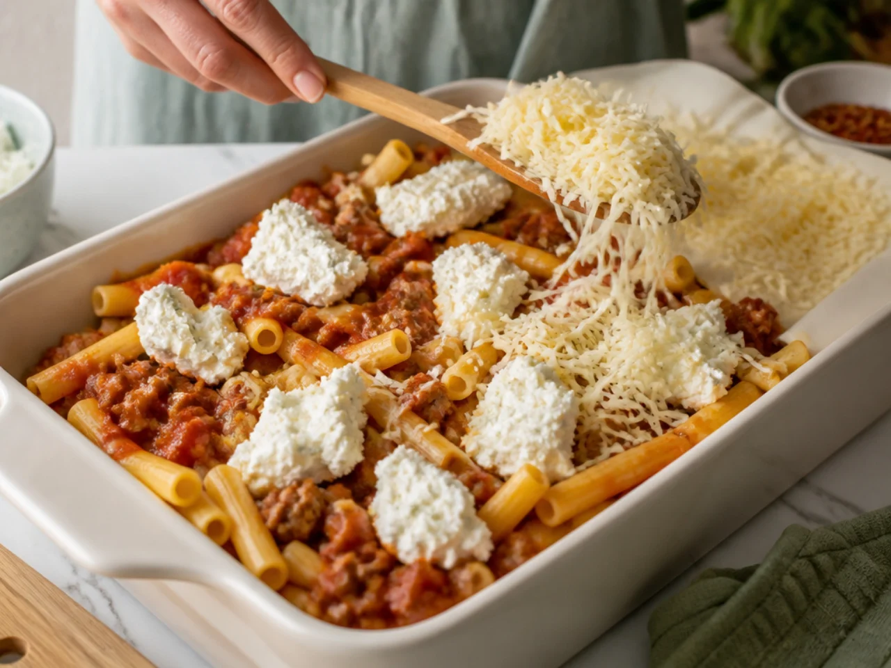 Step-by-step process shot for baked ziti