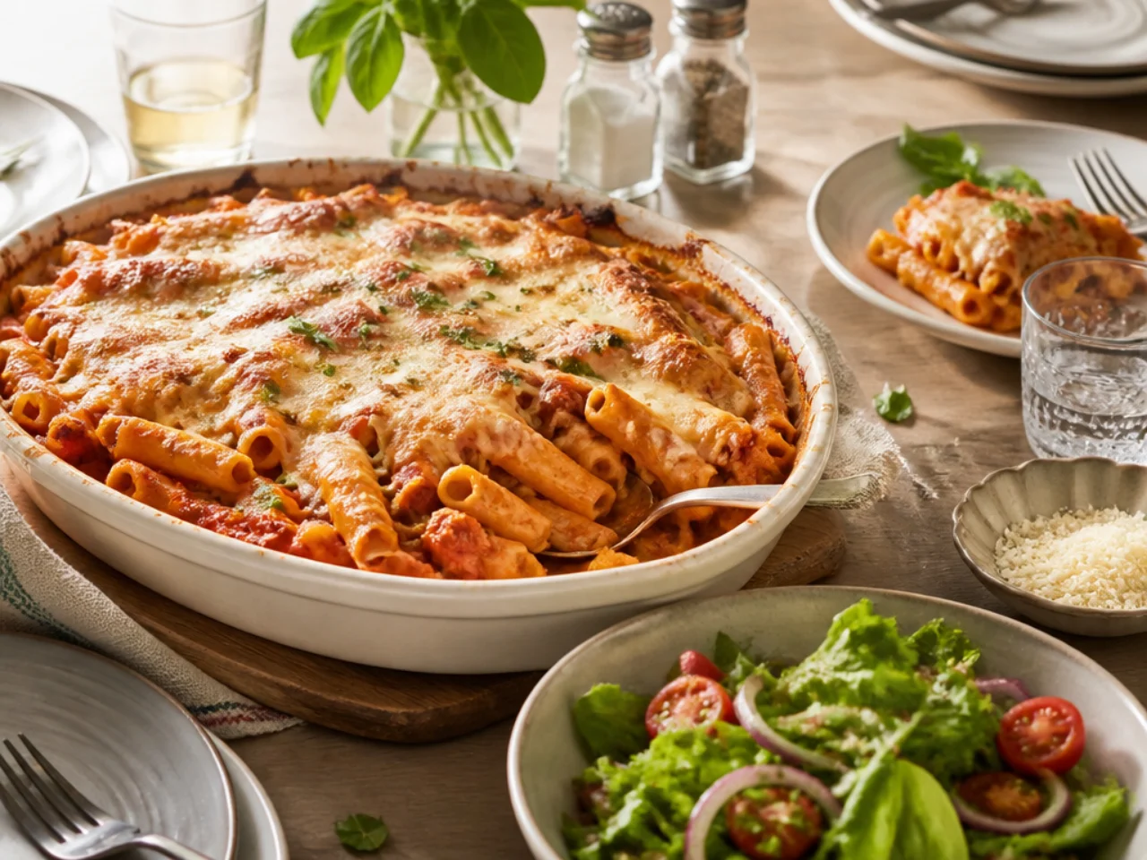 baked ziti served family-style on a cozy table