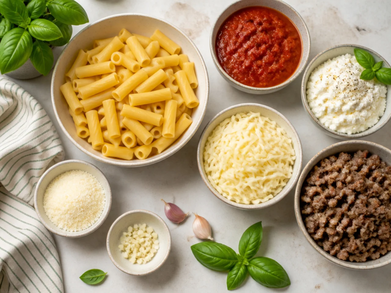 Fresh ingredients for baked ziti arranged in bowls