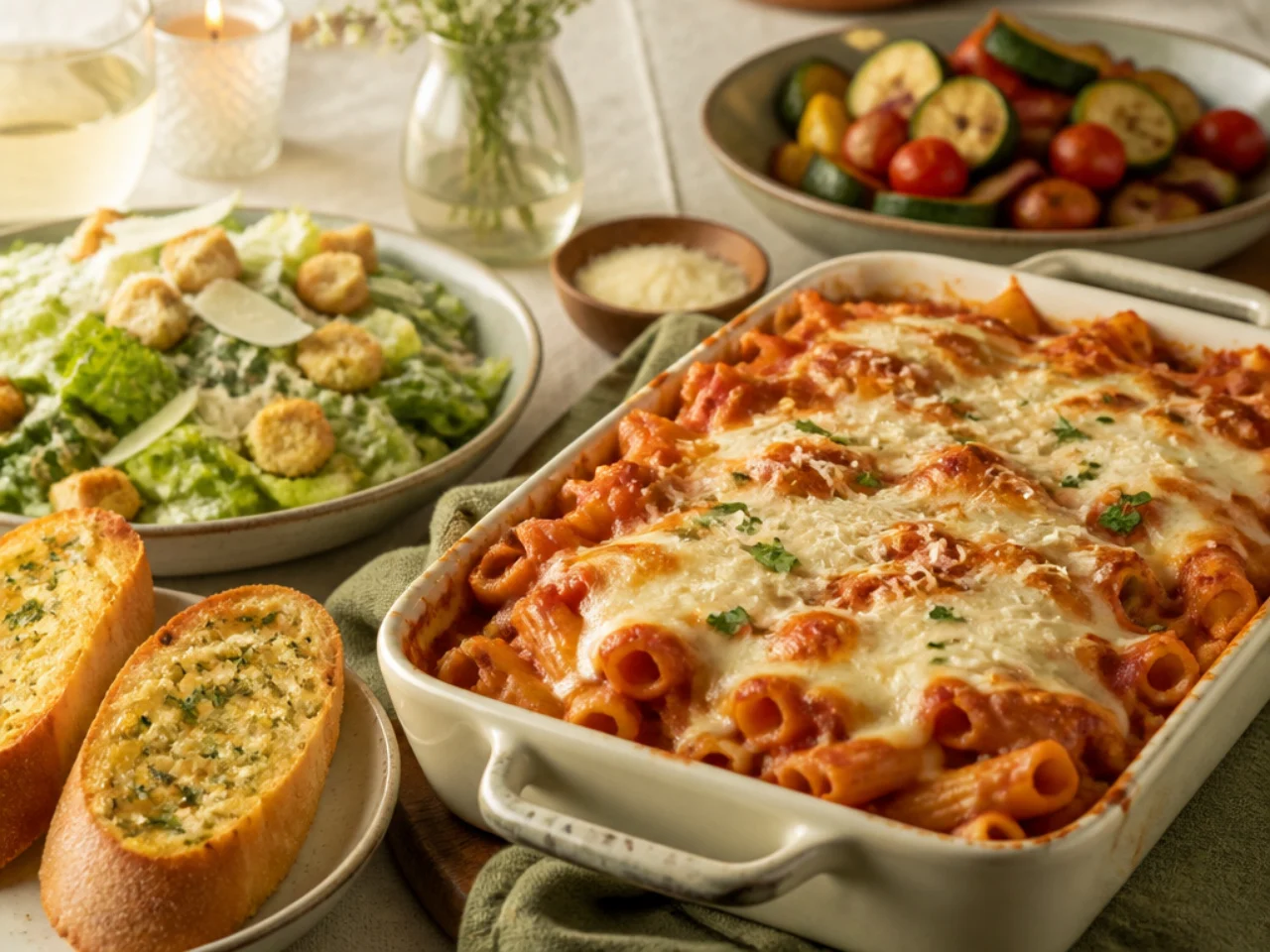 baked ziti served with warm garlic bread, a Caesar salad and roasted vegetables
