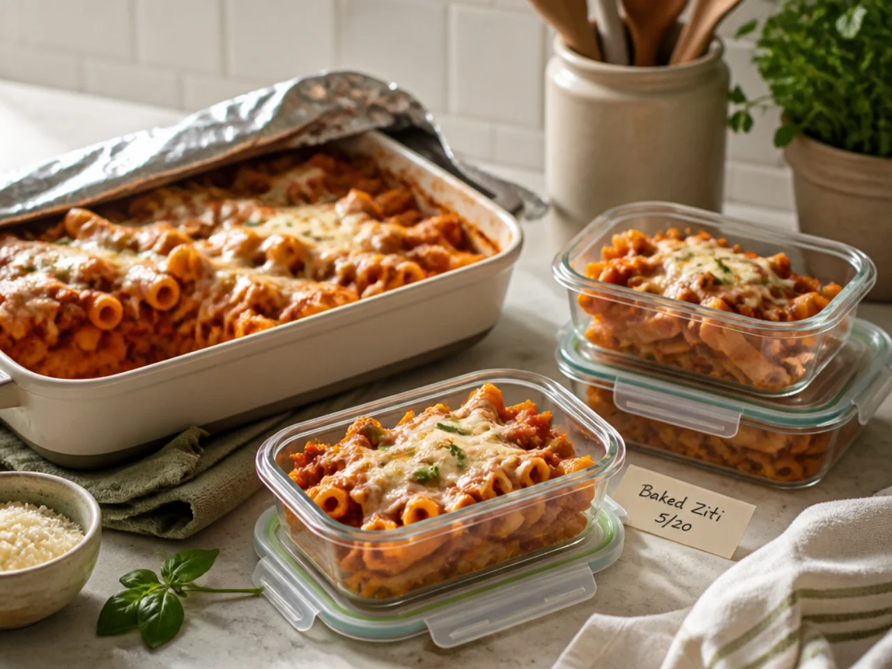 Make-ahead storage of baked ziti in containers