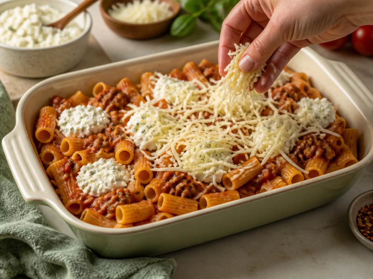 Step-by-step process shot for baked ziti