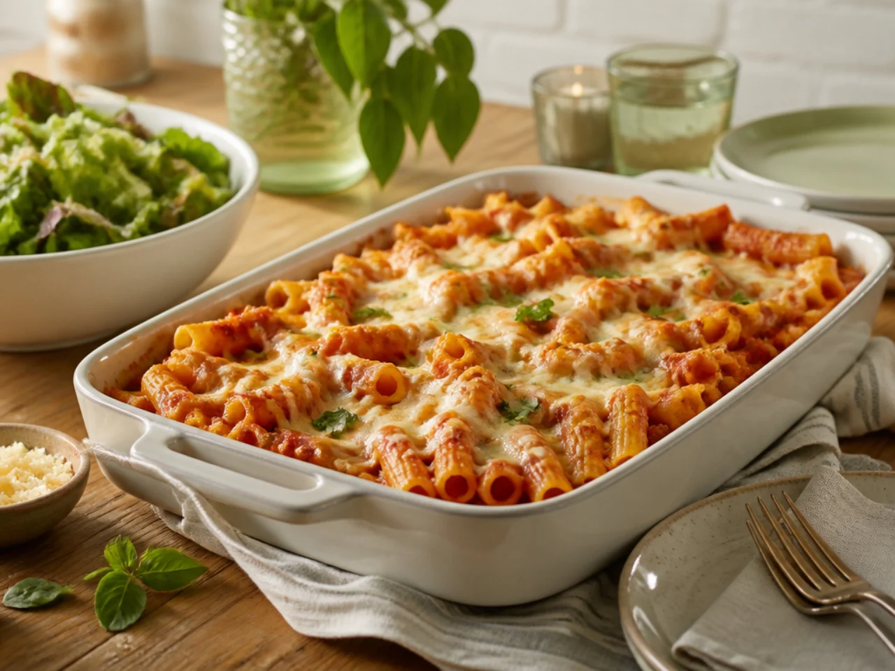 baked ziti served family-style on a cozy table
