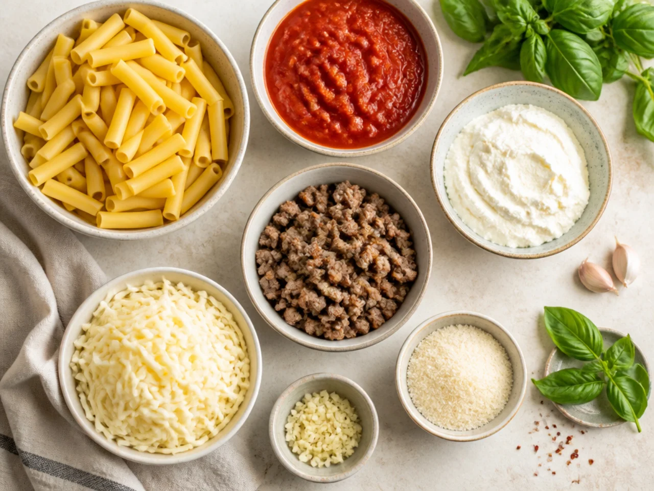 Fresh ingredients for baked ziti arranged in bowls