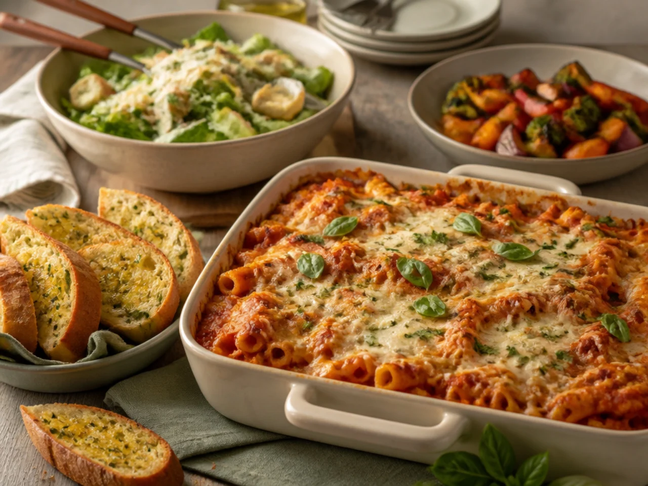 baked ziti served with warm garlic bread, a Caesar salad and roasted vegetables