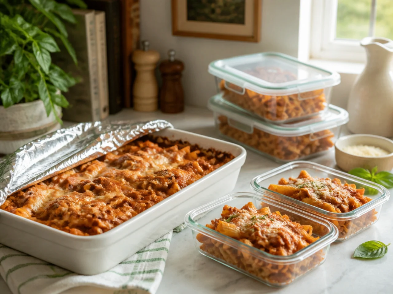 Make-ahead storage of baked ziti in containers