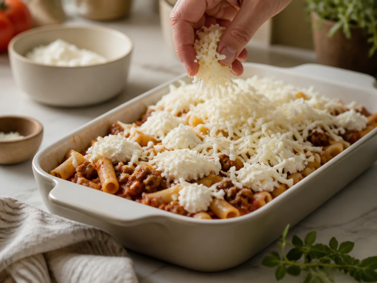 Step-by-step process shot for baked ziti