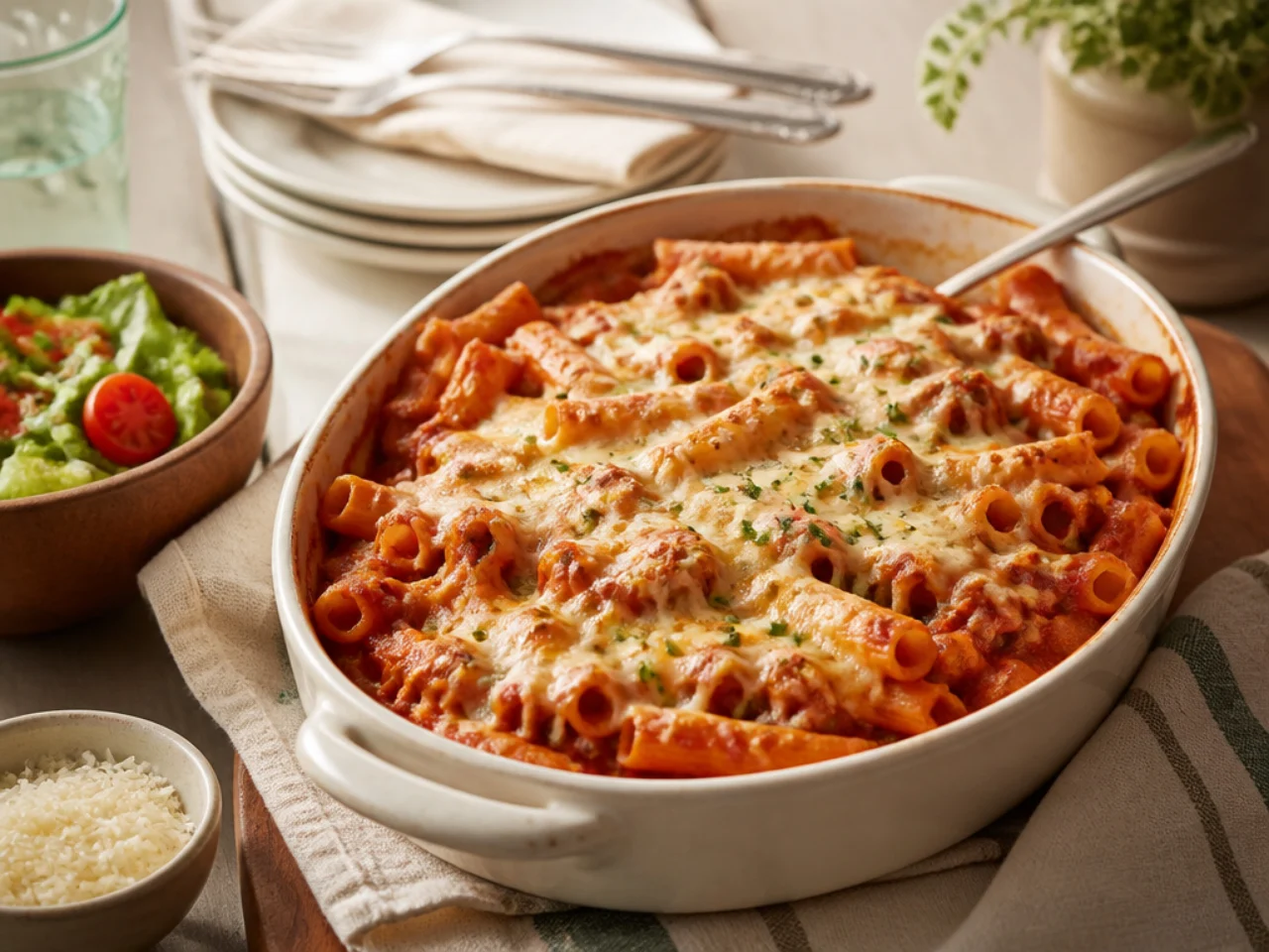 baked ziti served family-style on a cozy table