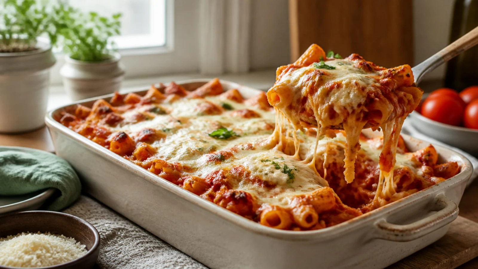 Ground Beef and Ricotta Baked Ziti Recipes — baked ziti plated and ready to serve