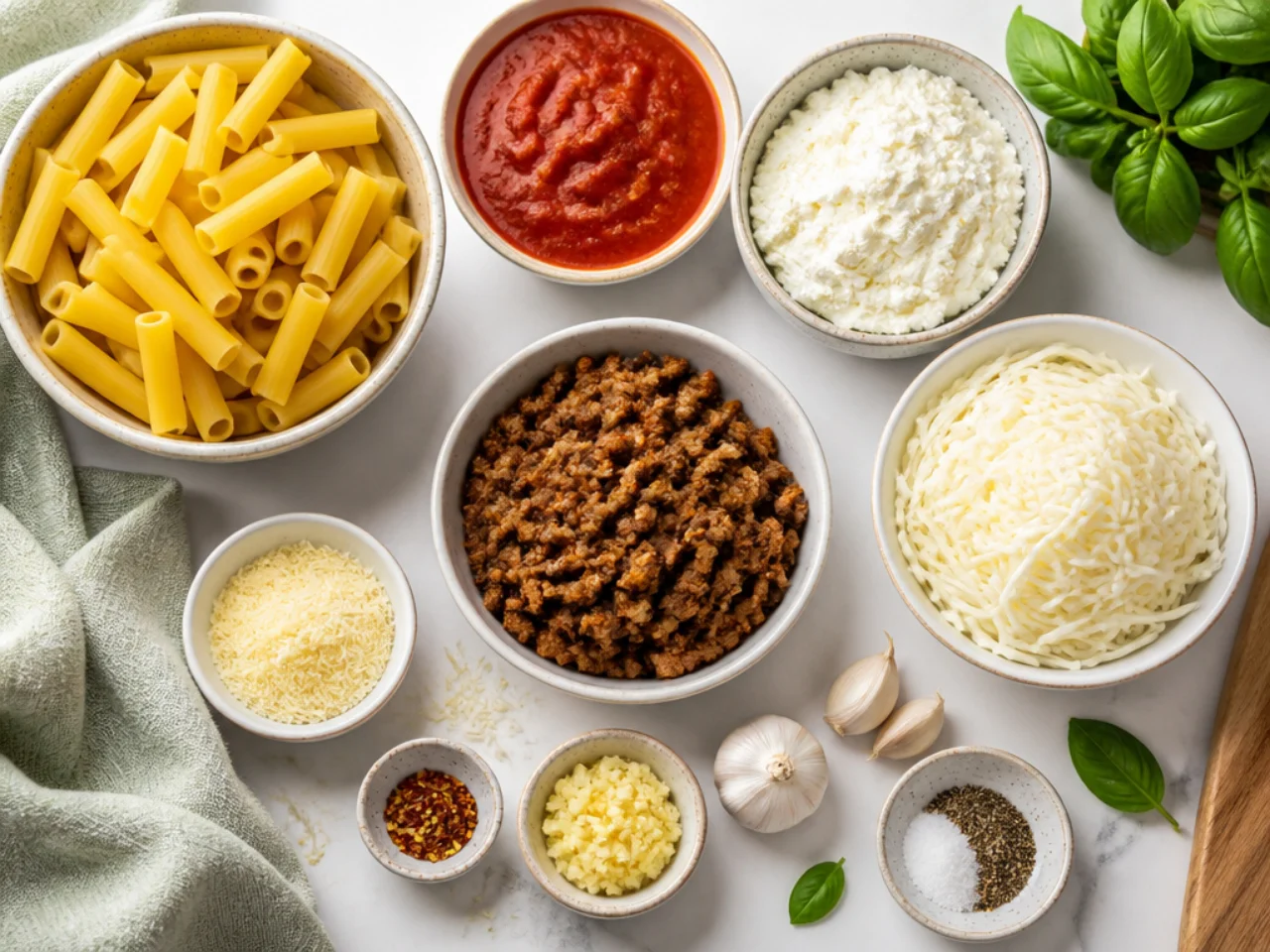 Fresh ingredients for baked ziti arranged in bowls