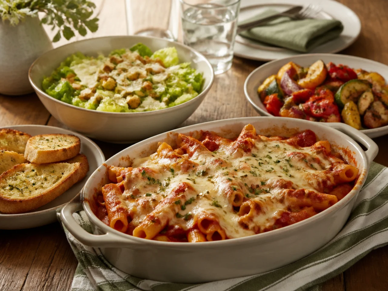 baked ziti served with warm garlic bread, a Caesar salad and roasted vegetables