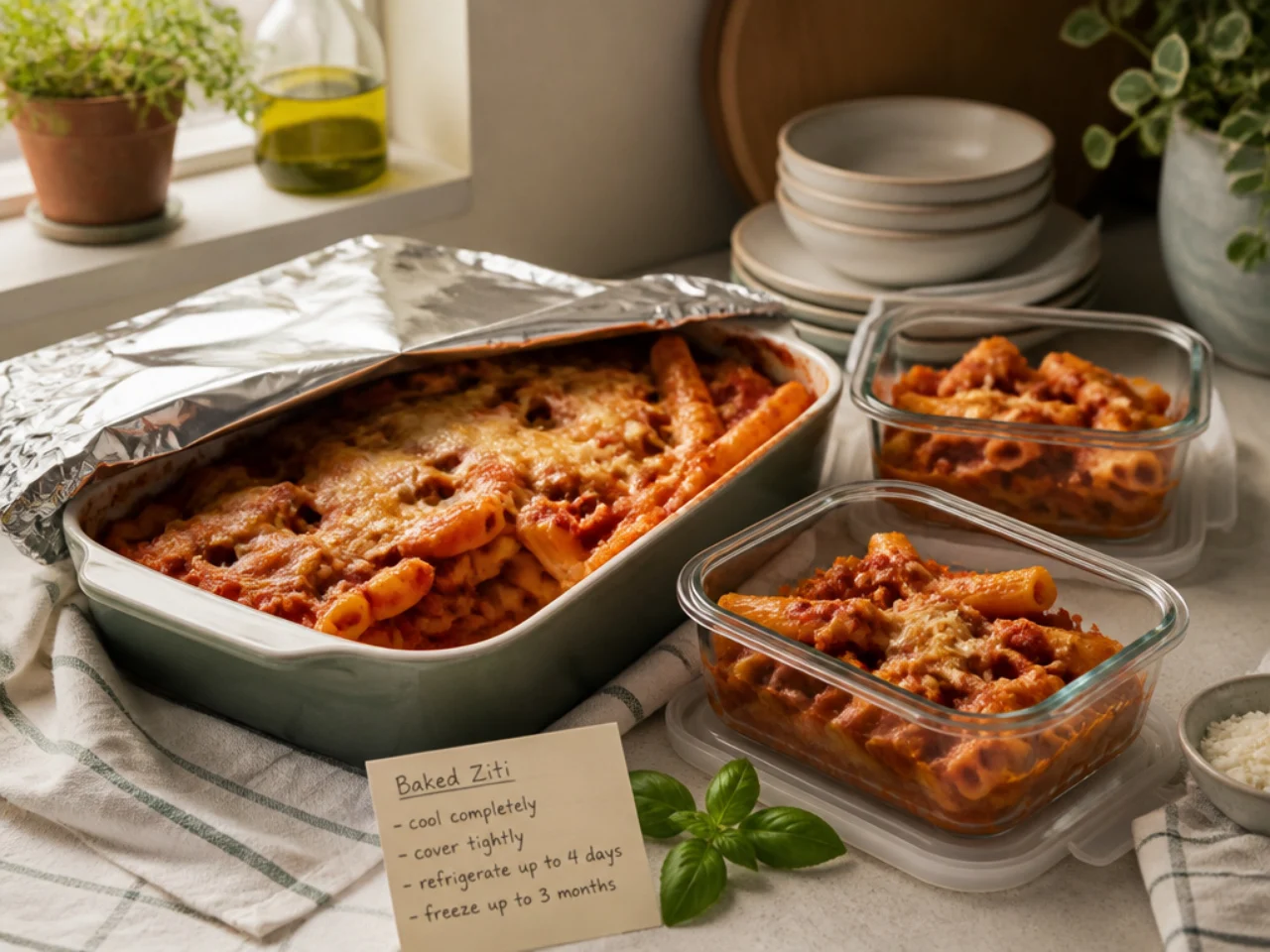 Make-ahead storage of baked ziti in containers