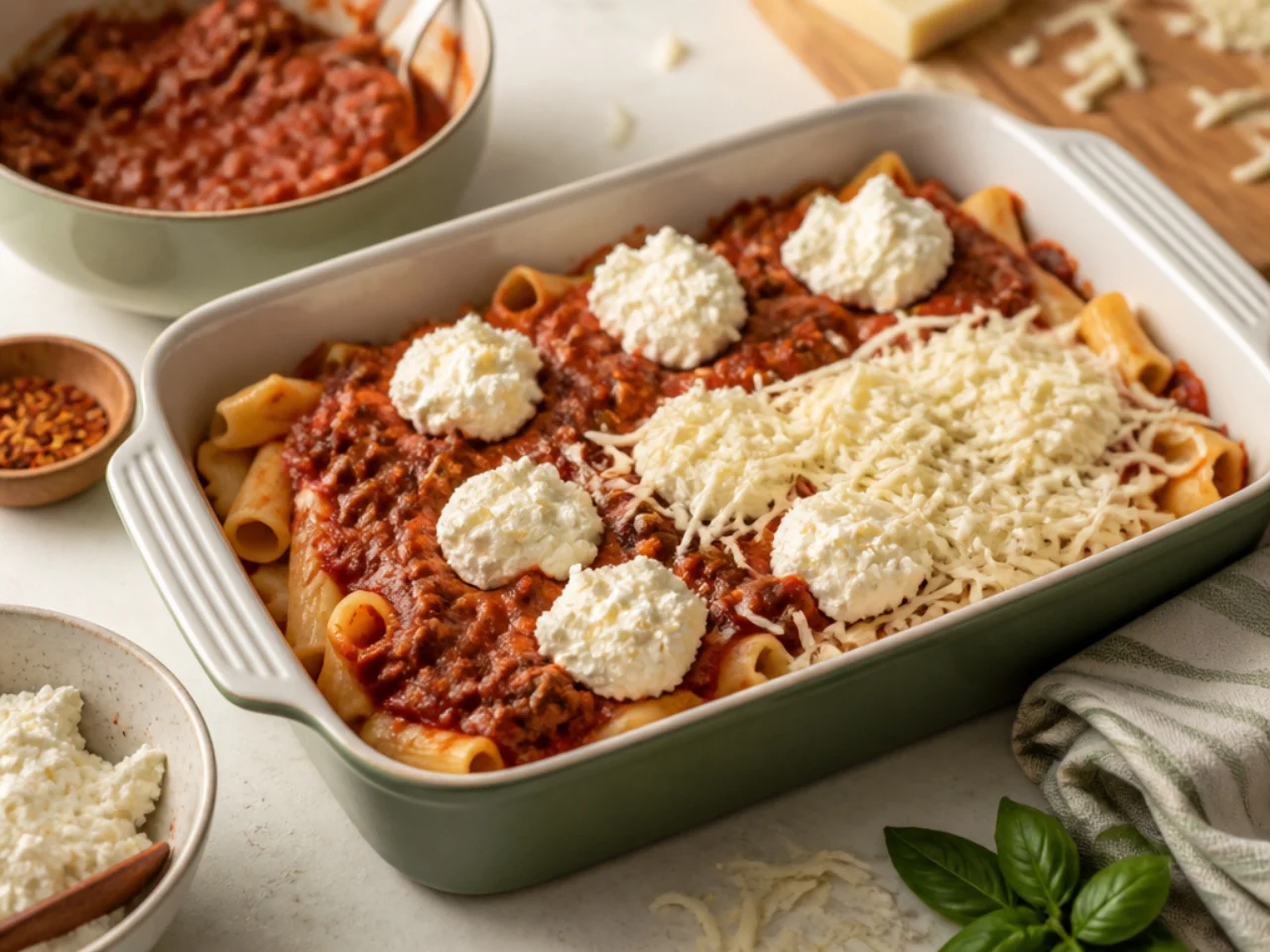 Step-by-step process shot for baked ziti