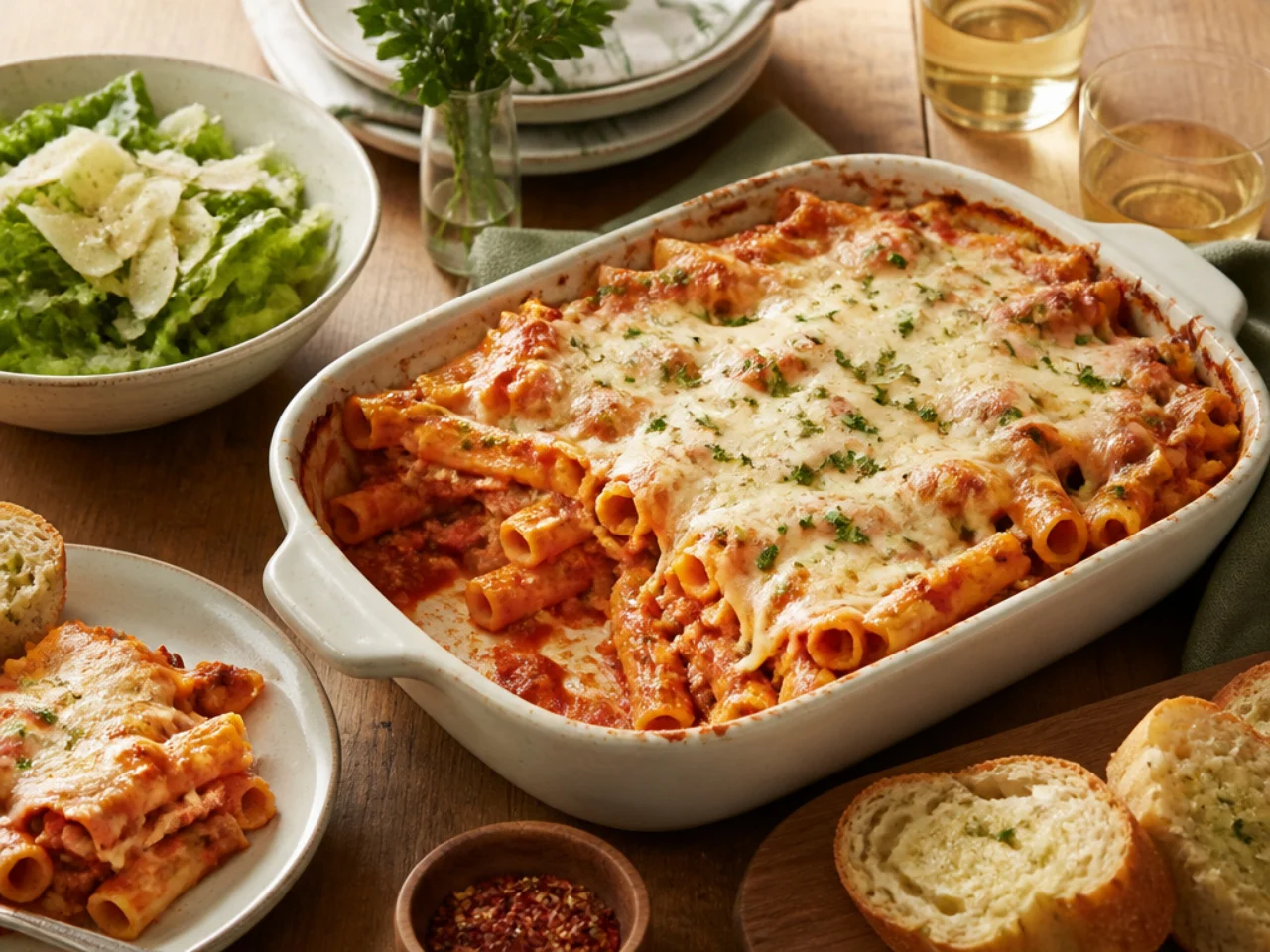 baked ziti served family-style on a cozy table