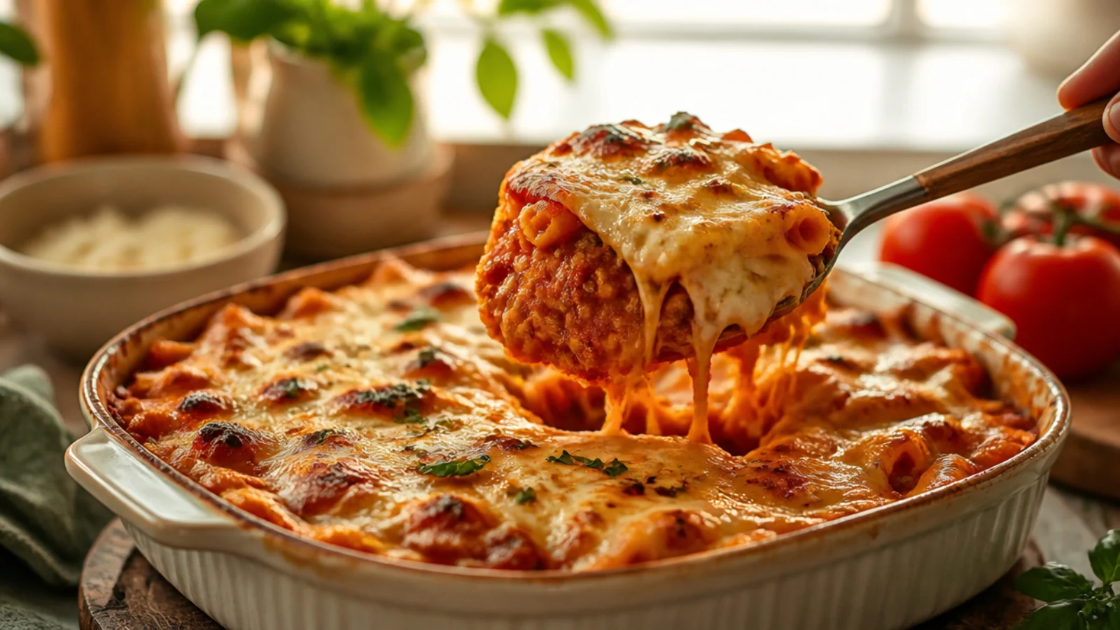 Italian Sausage Baked Ziti Bakes to Love — baked ziti plated and ready to serve