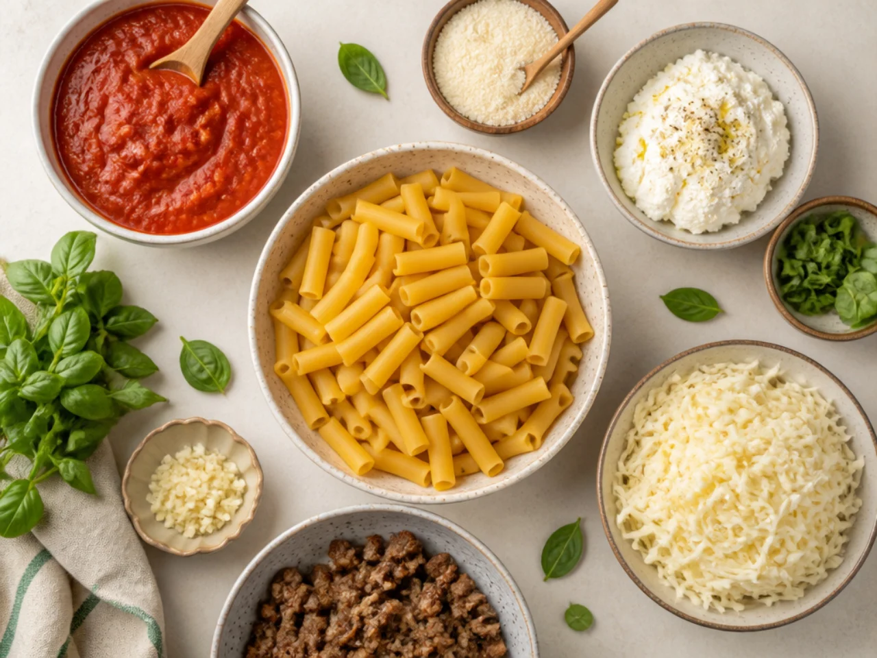 Fresh ingredients for baked ziti arranged in bowls