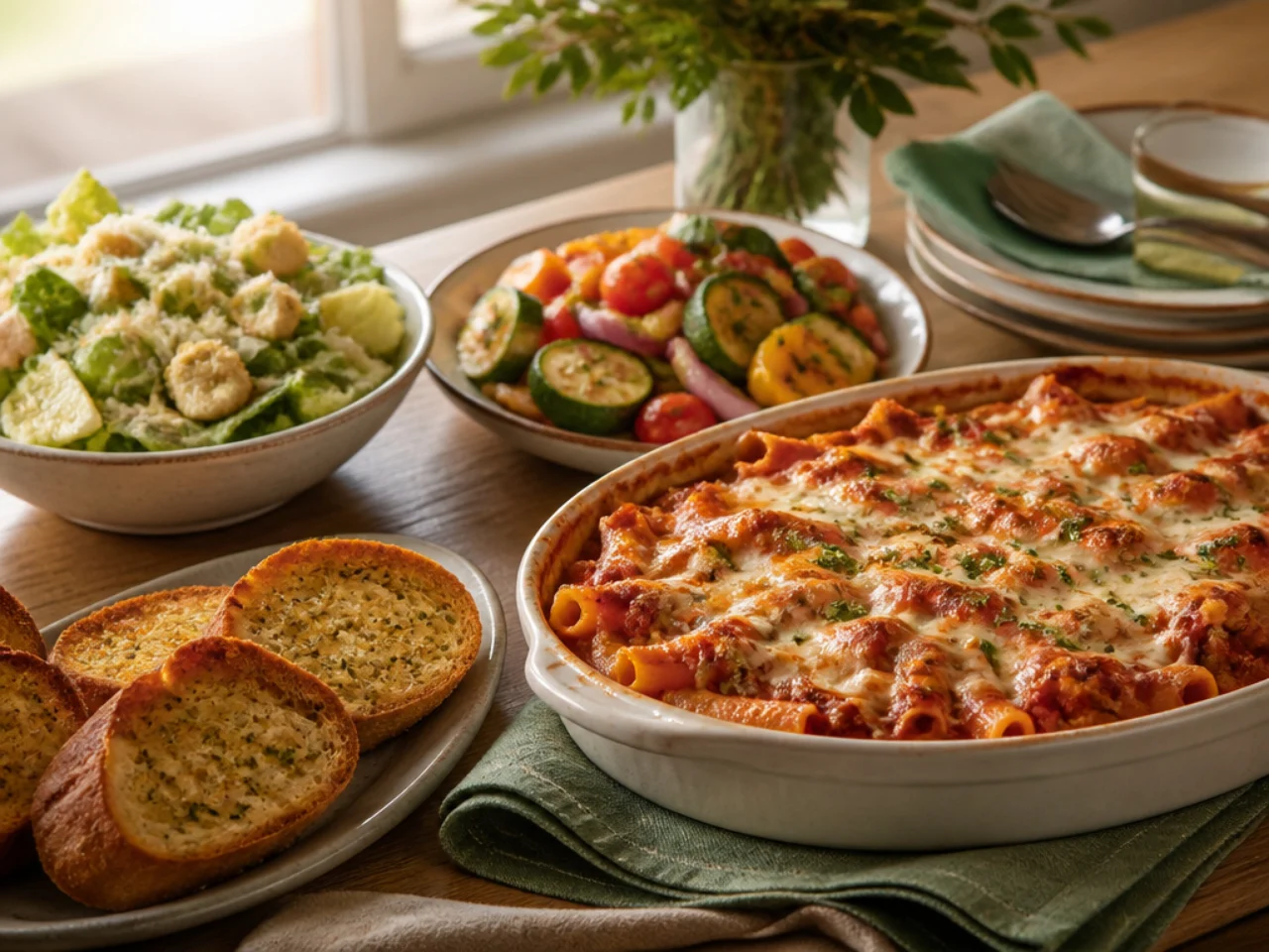baked ziti served with warm garlic bread, a Caesar salad and roasted vegetables