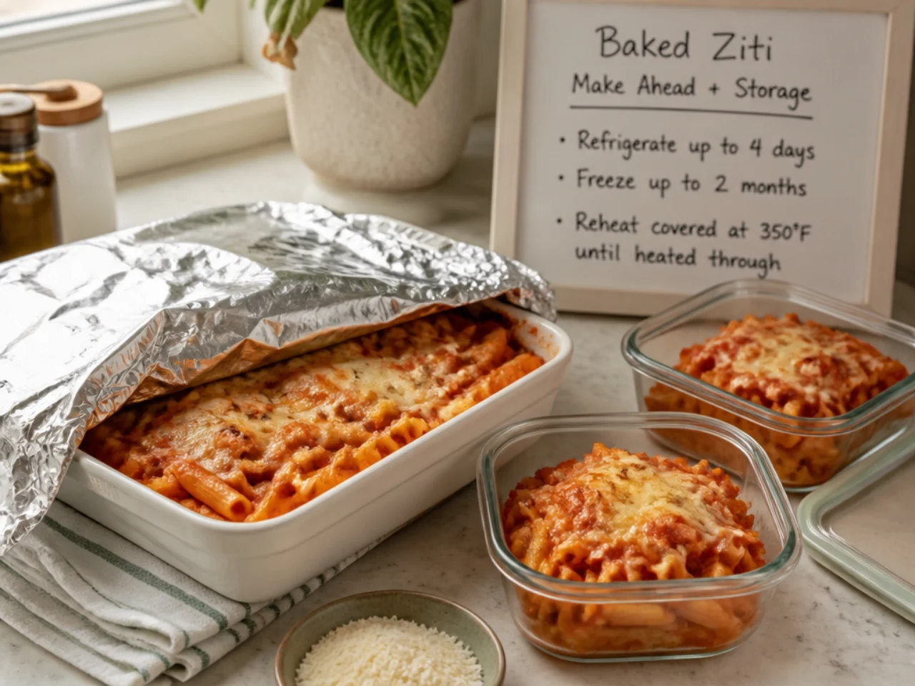 Make-ahead storage of baked ziti in containers