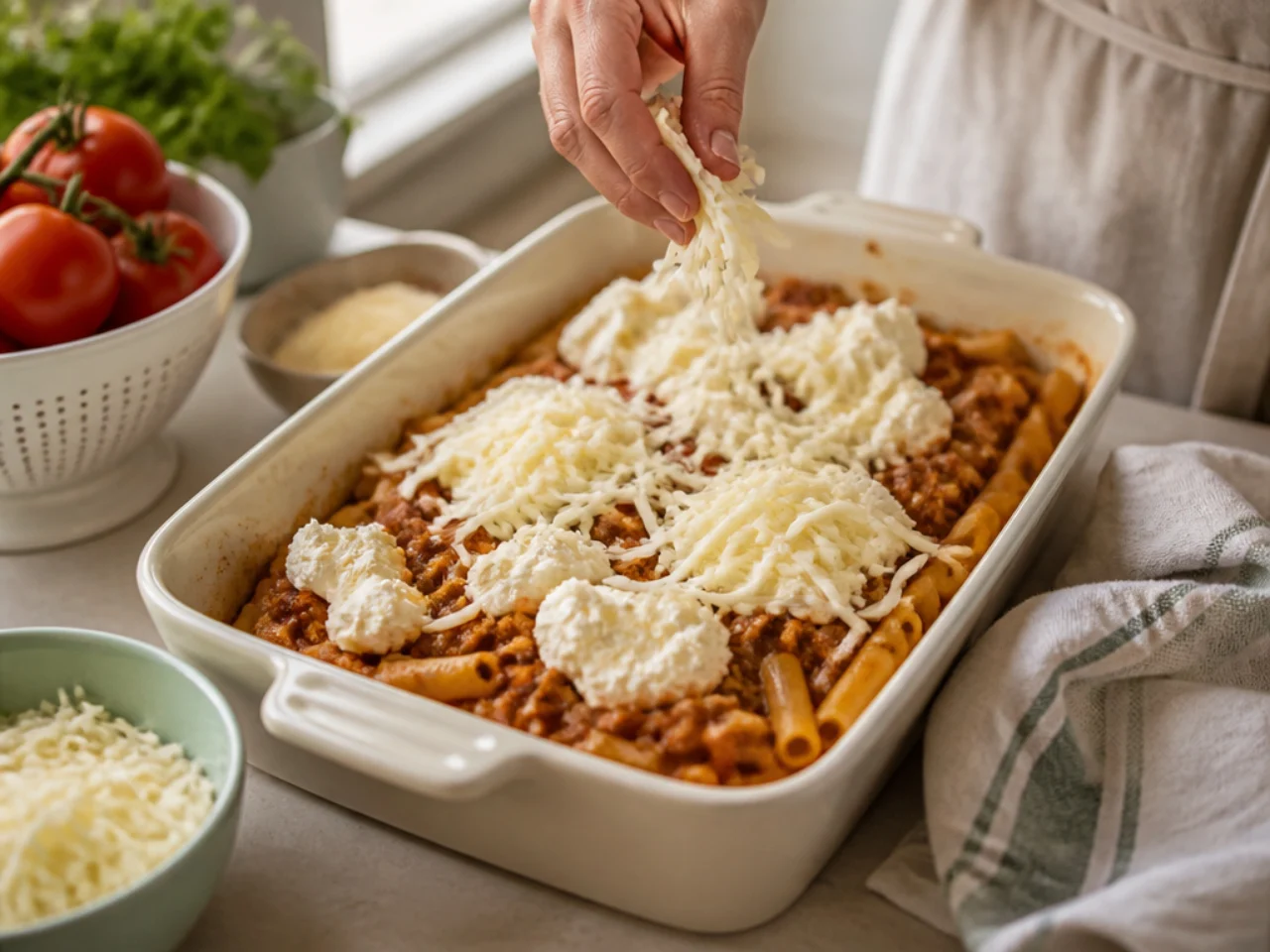 Step-by-step process shot for baked ziti