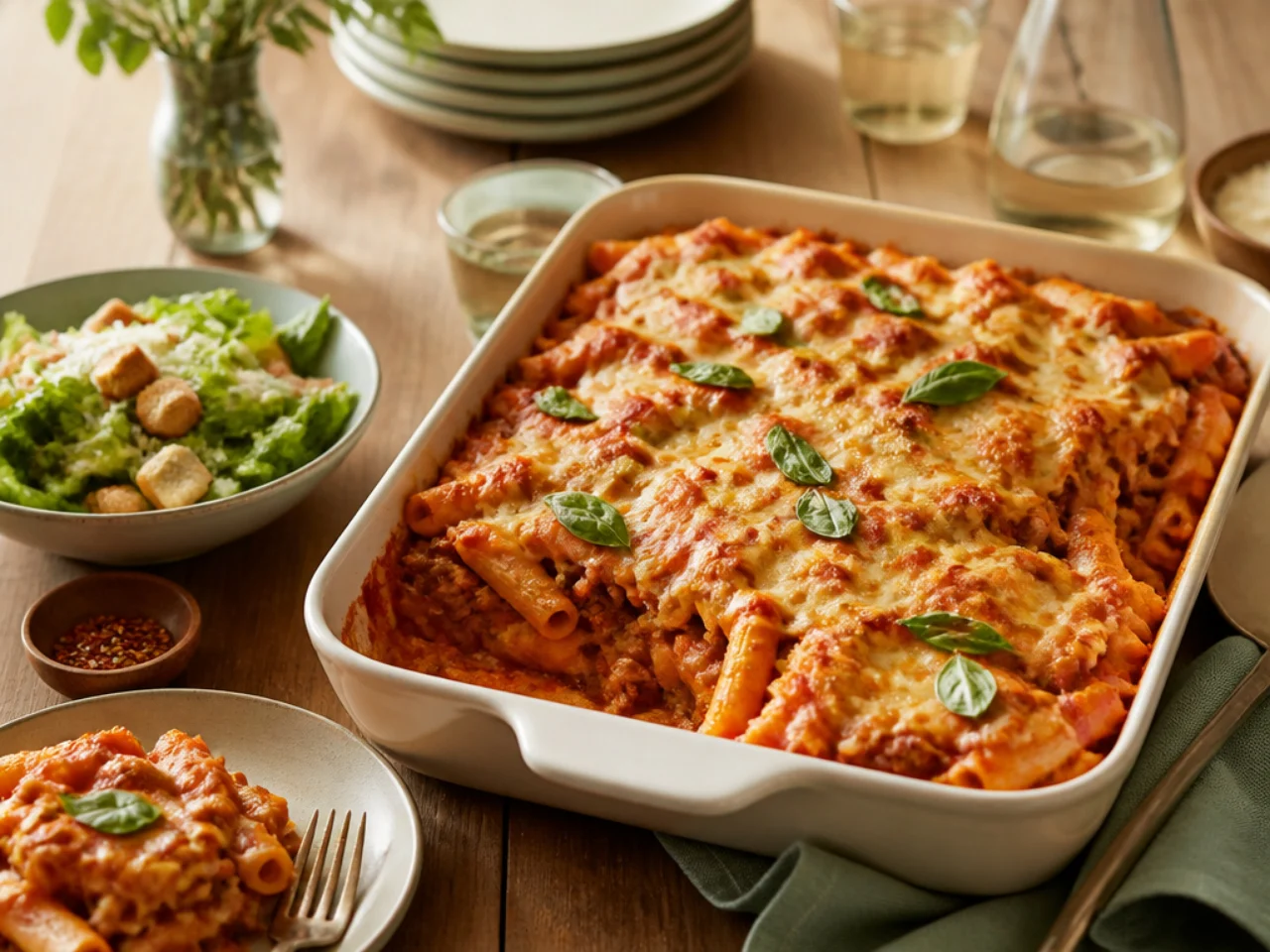 baked ziti served family-style on a cozy table
