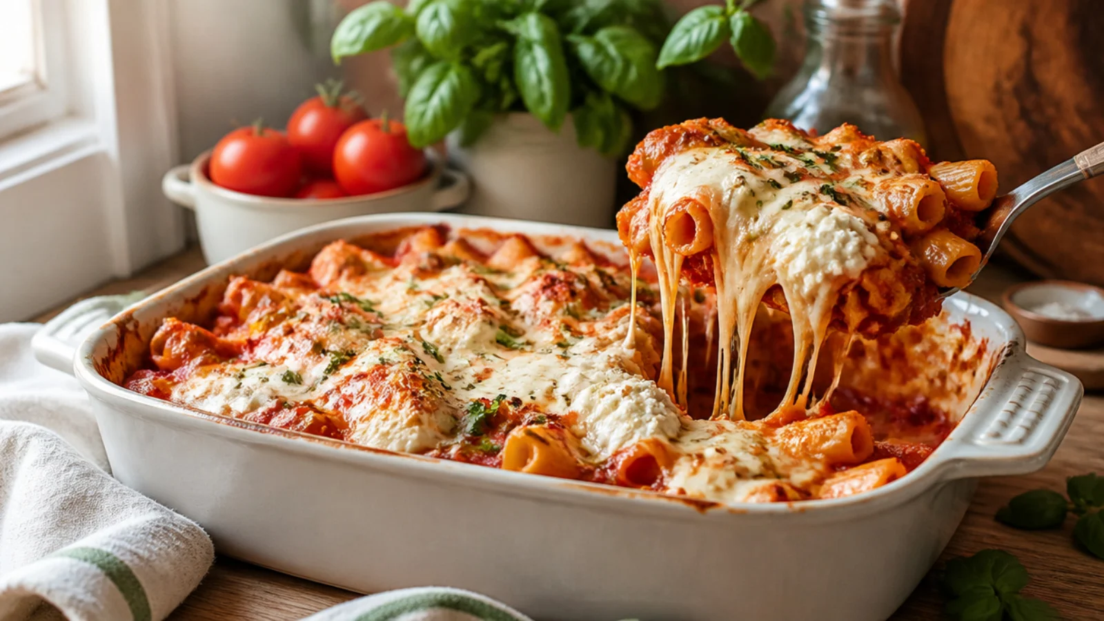 Baked Ziti With Ricotta That Feed a Crowd — baked ziti plated and ready to serve