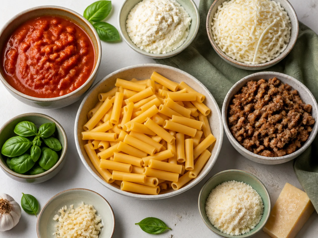 Fresh ingredients for baked ziti arranged in bowls