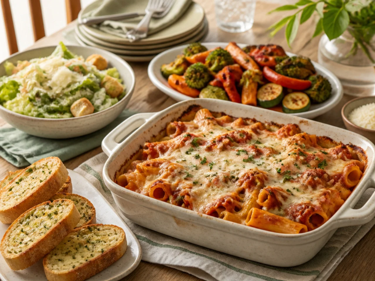 baked ziti served with warm garlic bread, a Caesar salad and roasted vegetables