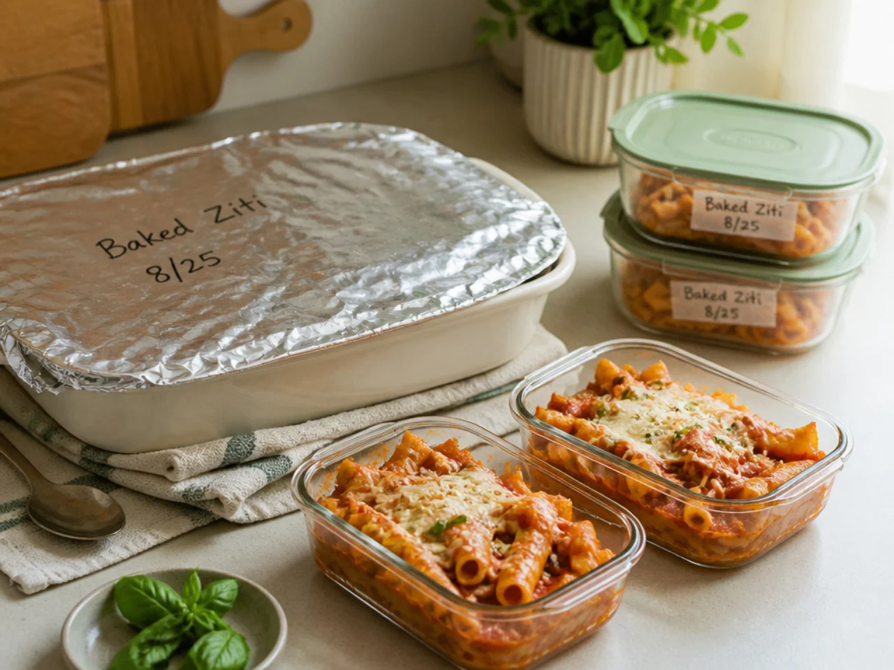 Make-ahead storage of baked ziti in containers