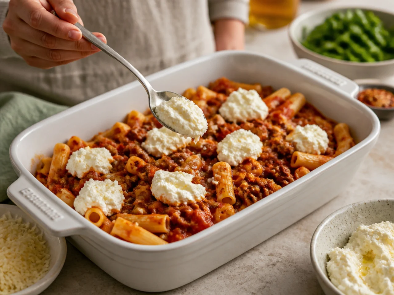 Step-by-step process shot for baked ziti