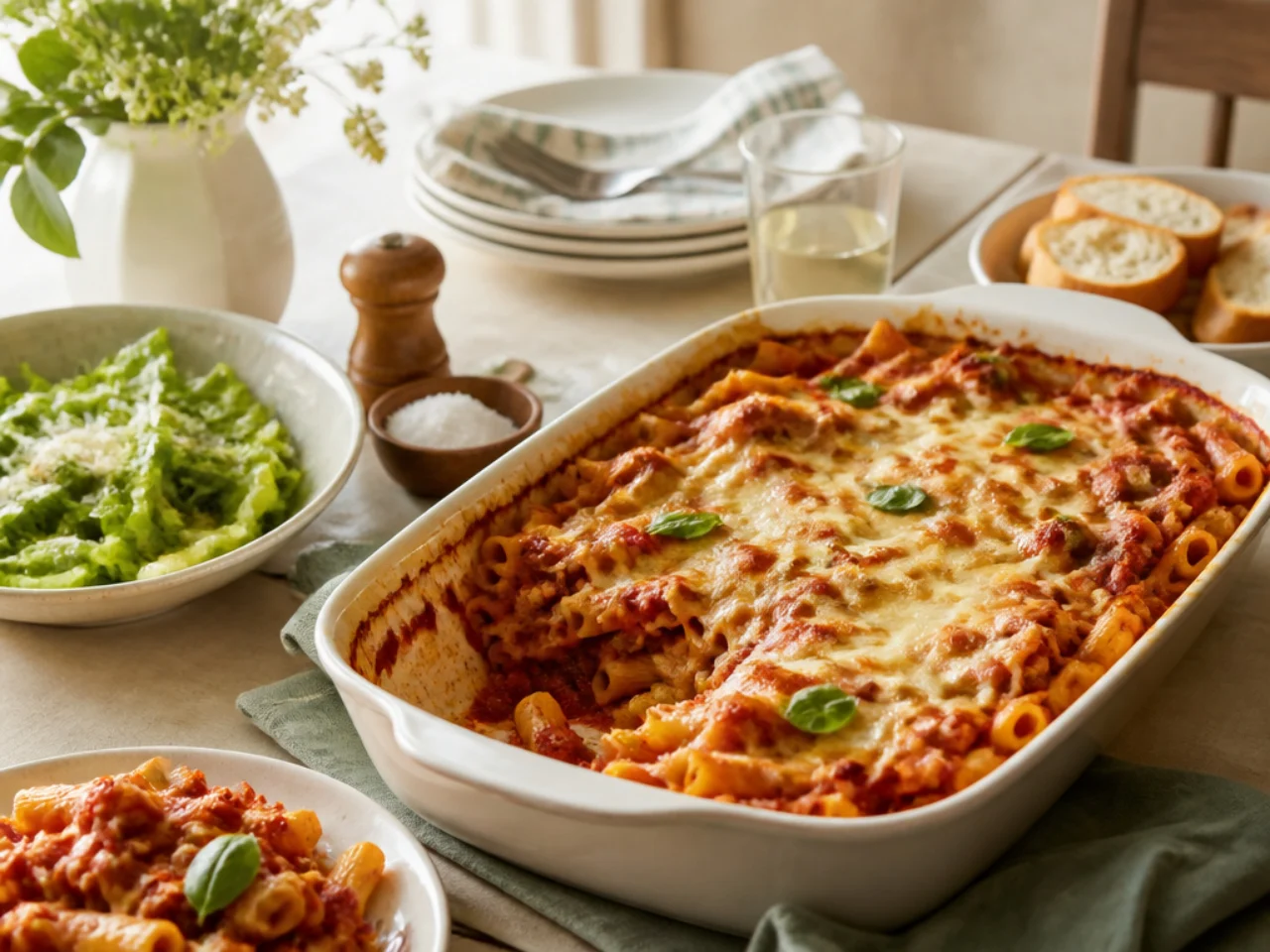 baked ziti served family-style on a cozy table