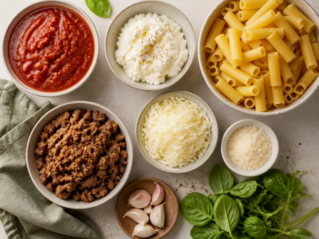 Fresh ingredients for baked ziti arranged in bowls