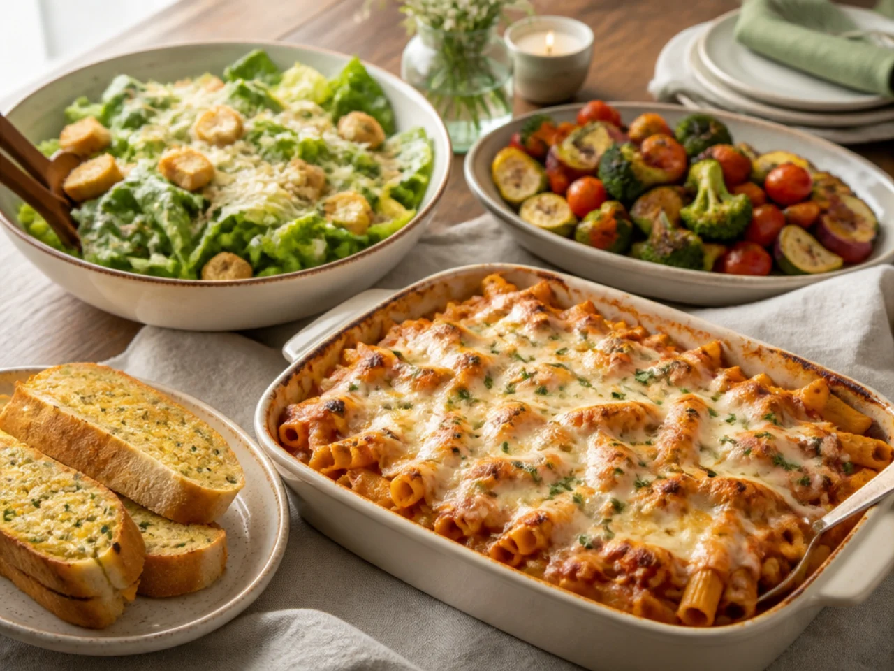 baked ziti served with warm garlic bread, a Caesar salad and roasted vegetables