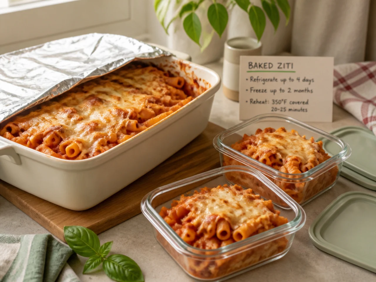 Make-ahead storage of baked ziti in containers