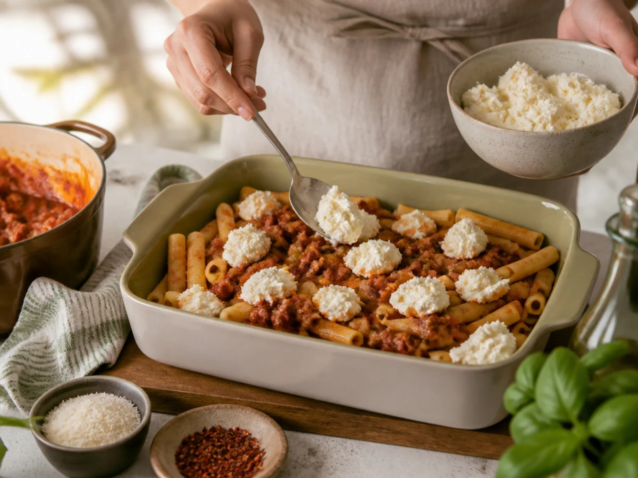 Step-by-step process shot for baked ziti