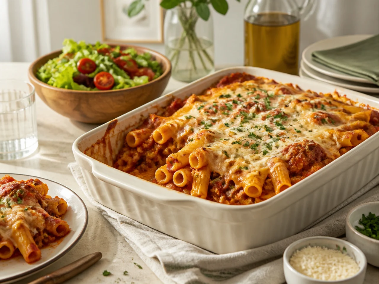 baked ziti served family-style on a cozy table